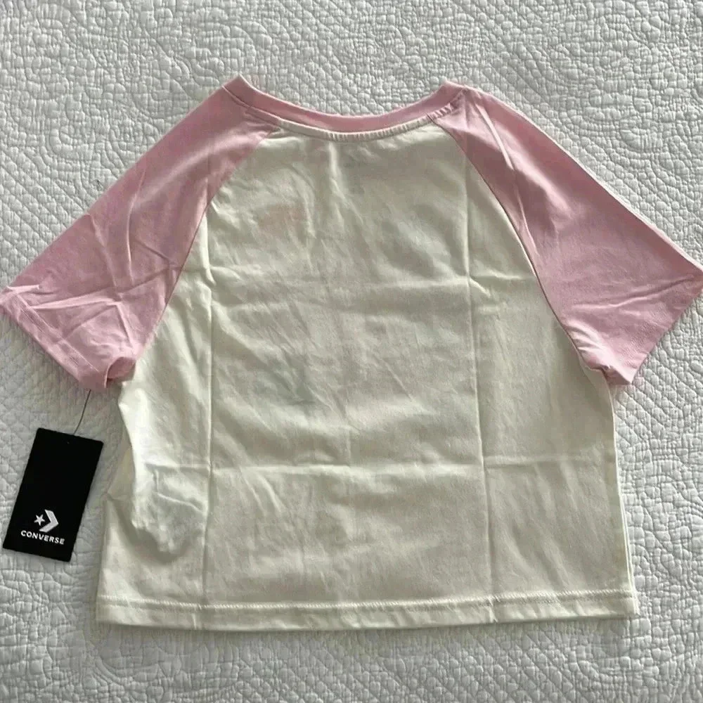 Converse‎ Cropped Graphic Tee Girls M 10-12 Pink White Boxy